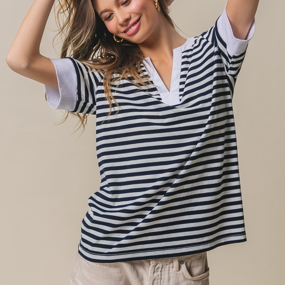 Contrast Striped Notched Knit Top