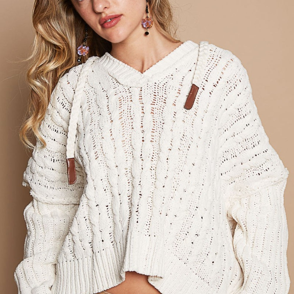 Rib Weave Sleeves Hooded Cable Knit Sweater