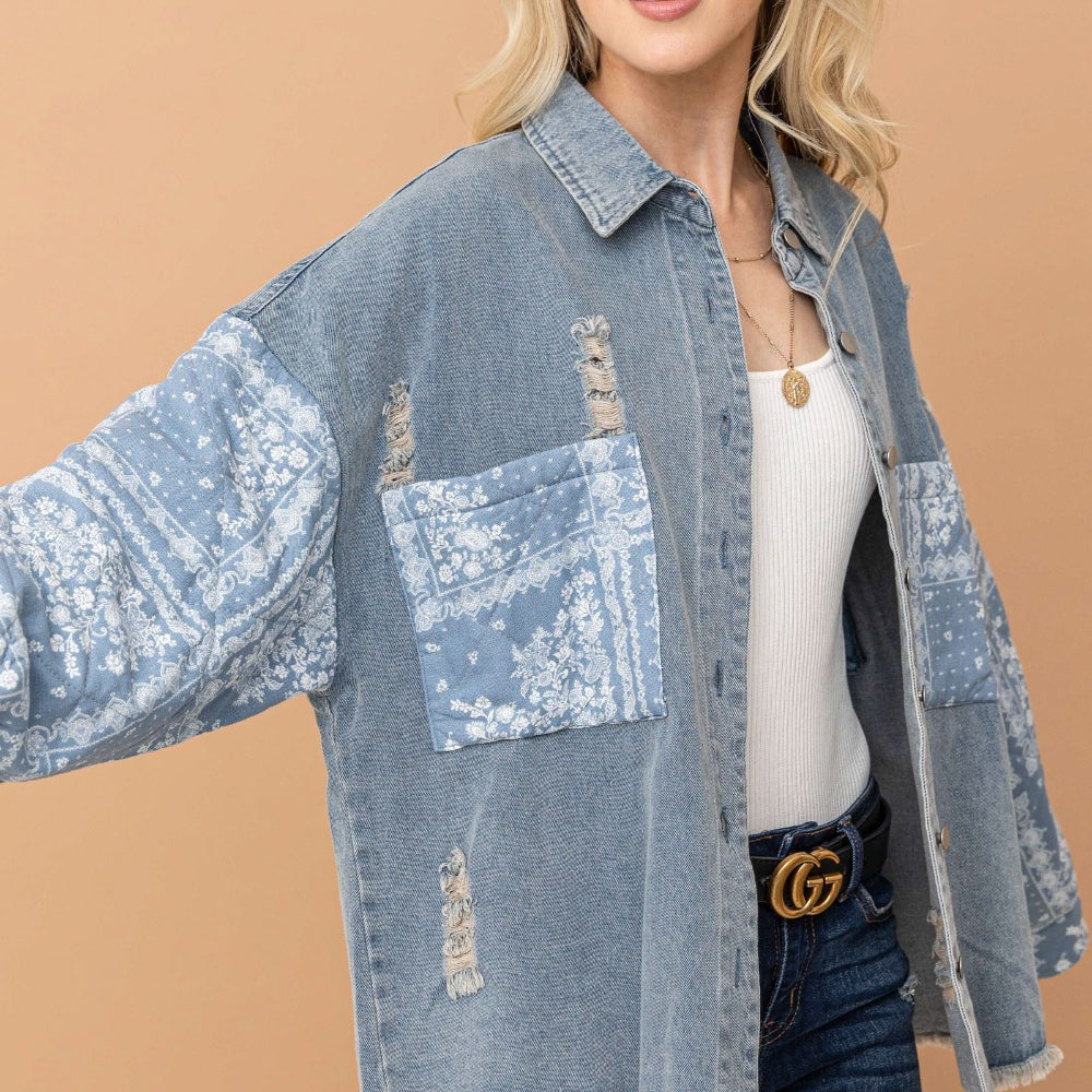 
                      
                        Paisley Print Quilted Sleeves Denim Jacket
                      
                    