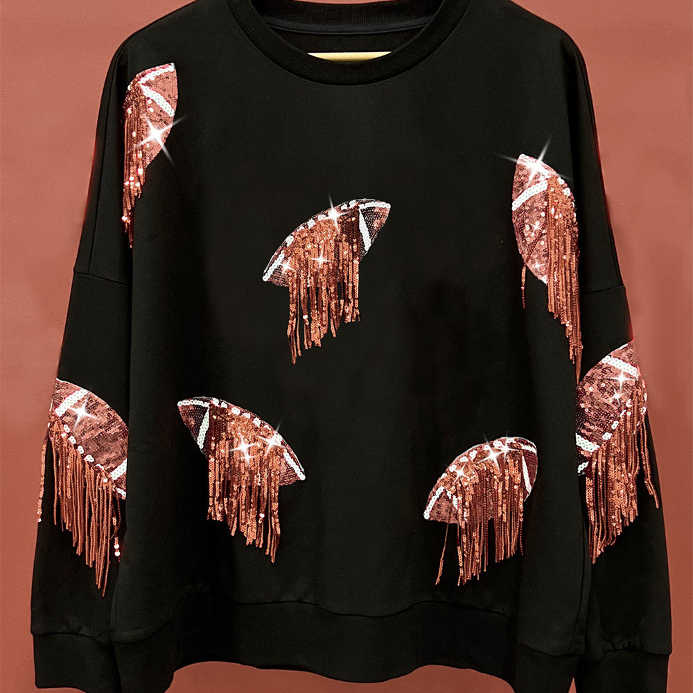 
                      
                        Sequin Fringe Football Patch Round Neck Sweatshirt
                      
                    