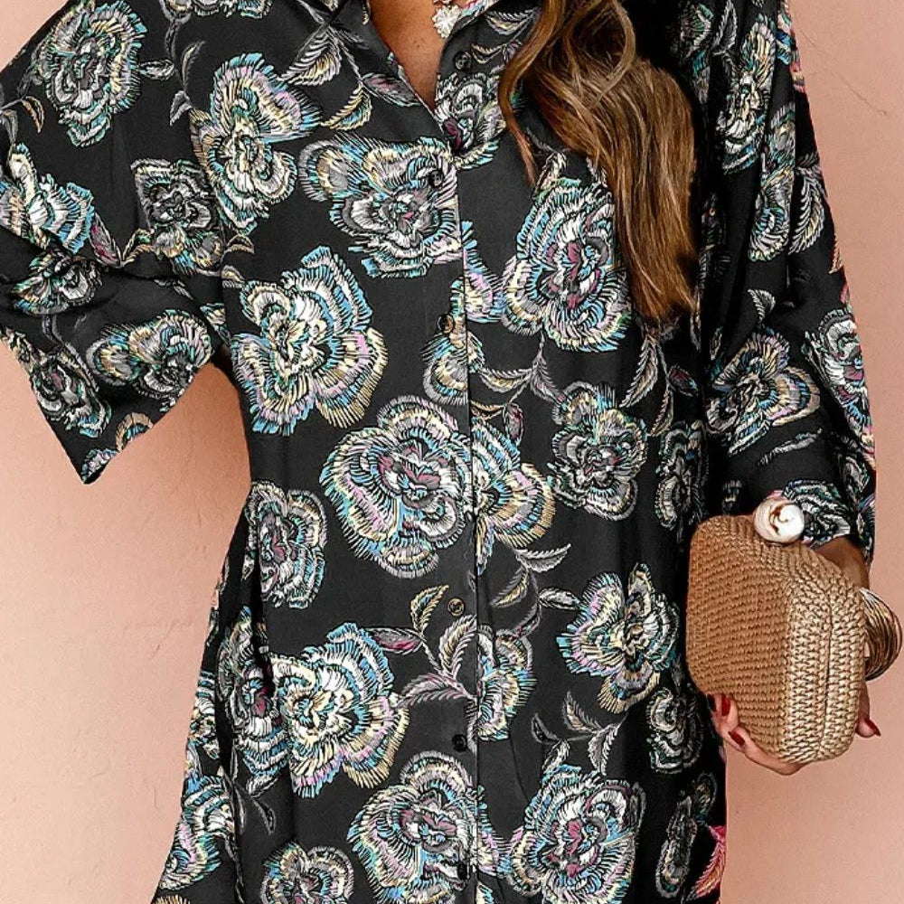 
                      
                        Printed Button Up Three-Quarter Sleeve Shirt Dress
                      
                    