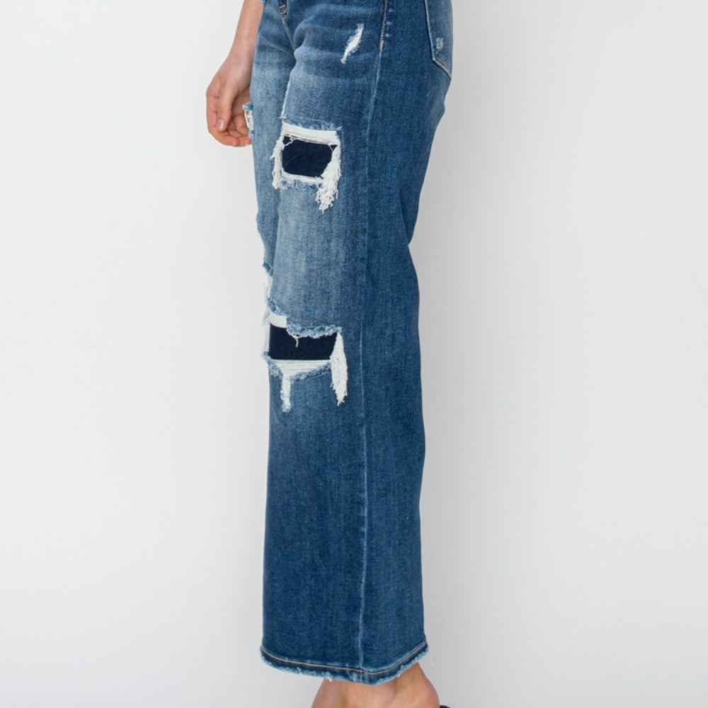 
                      
                        Risen Full Size High Rise Patch Detailed Wide Leg Crop Jeans
                      
                    