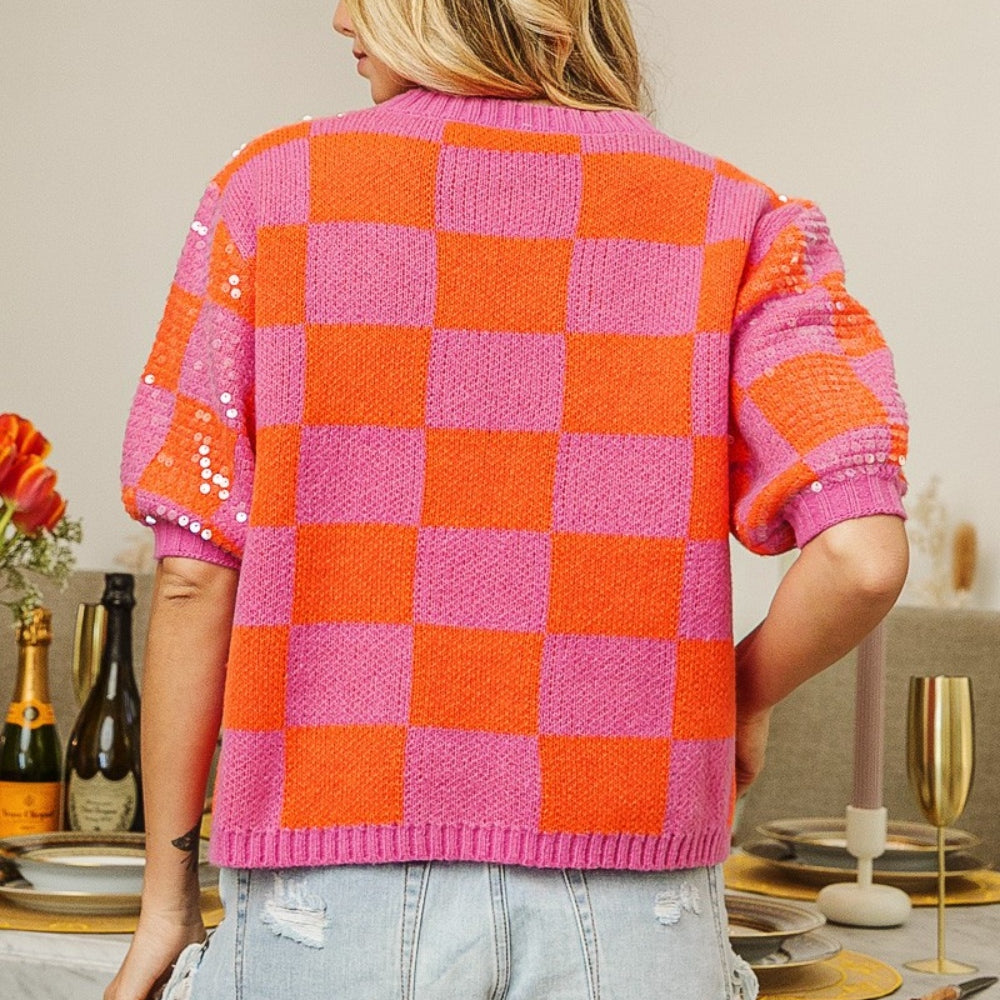 Checkered Short Sleeve Sequin Sweater