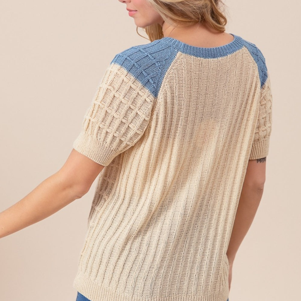 Textured Contrast Short Sleeve Sweater