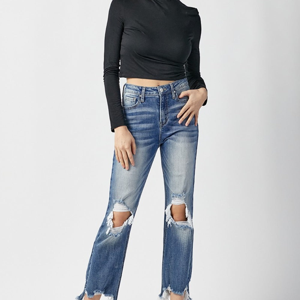 
                      
                        RISEN High Waist Distressed Frayed Hem Cropped Straight Jeans
                      
                    