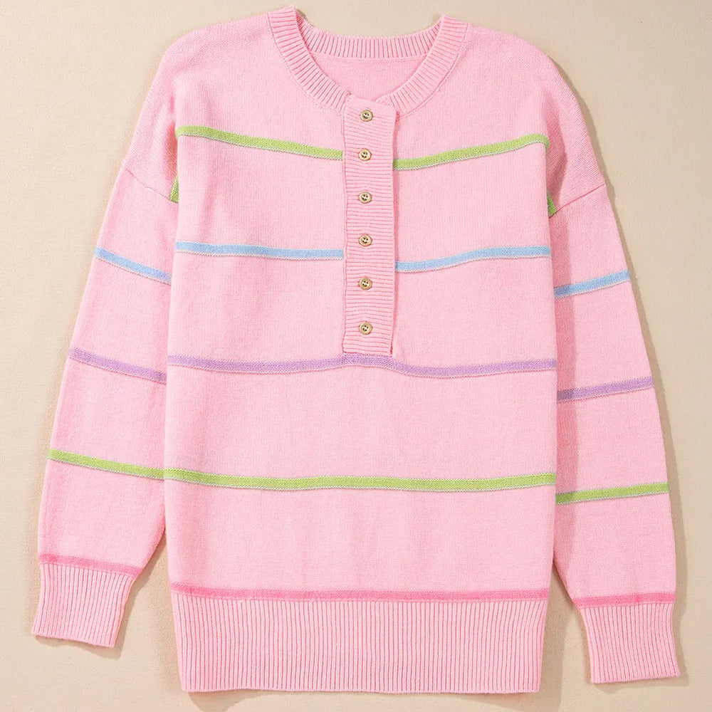 
                      
                        Contrast Striped Half Button Round Neck Sweater
                      
                    