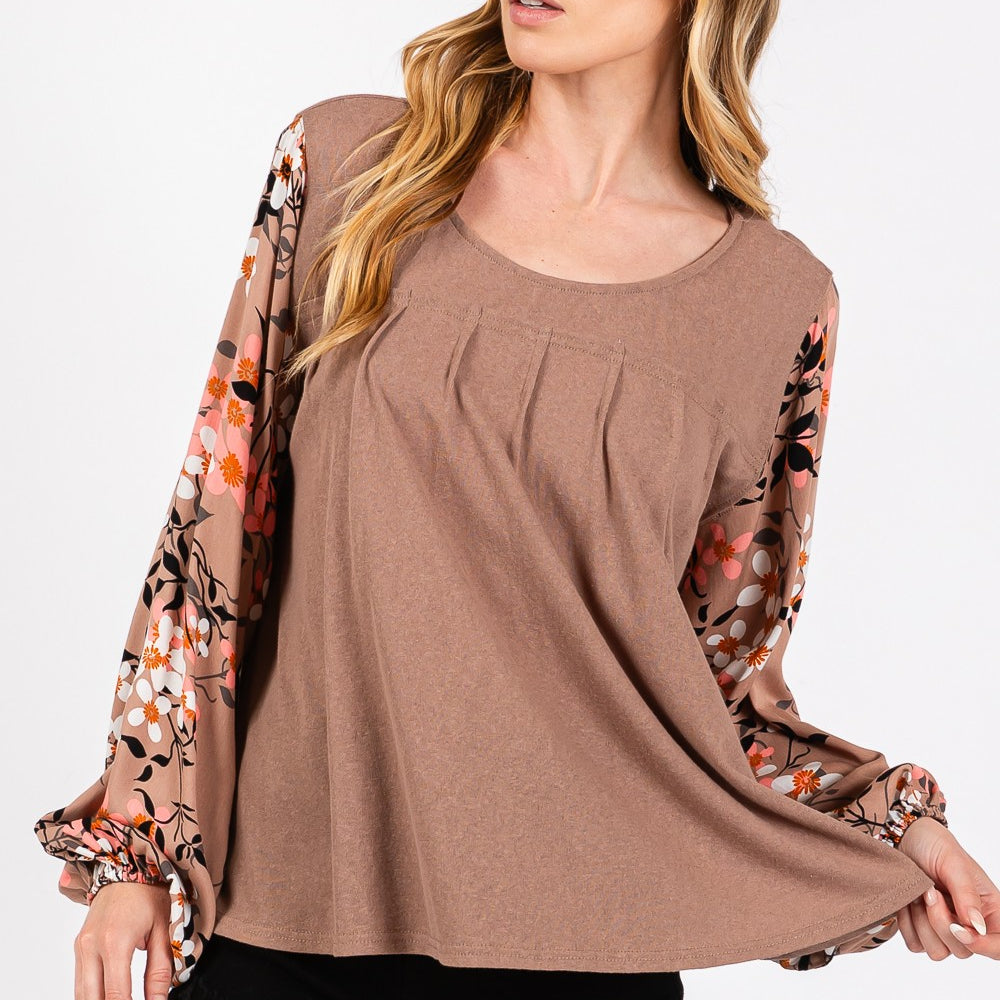 Floral Long Sleeve Front Pleated Detail Blouse