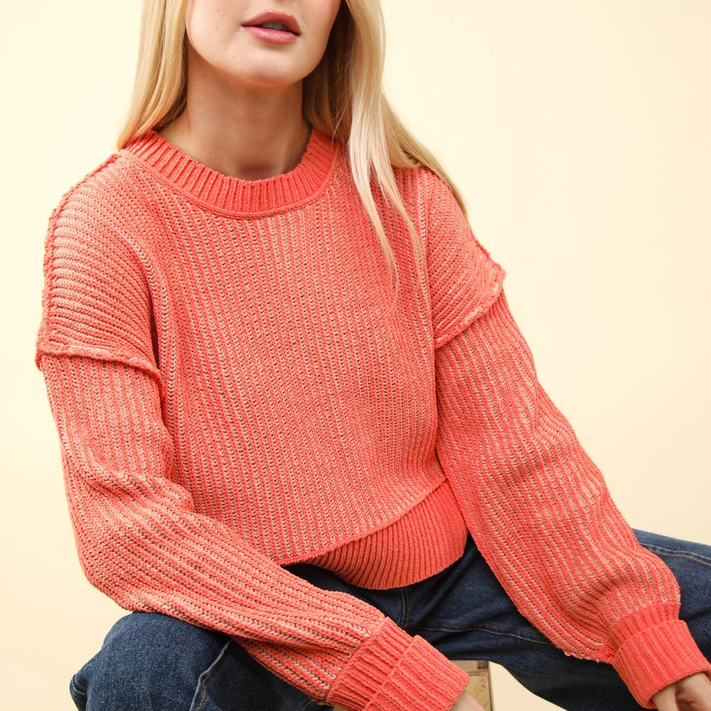 
                      
                        Exposed Seam Cropped Striped Slit Sweater - Coral
                      
                    