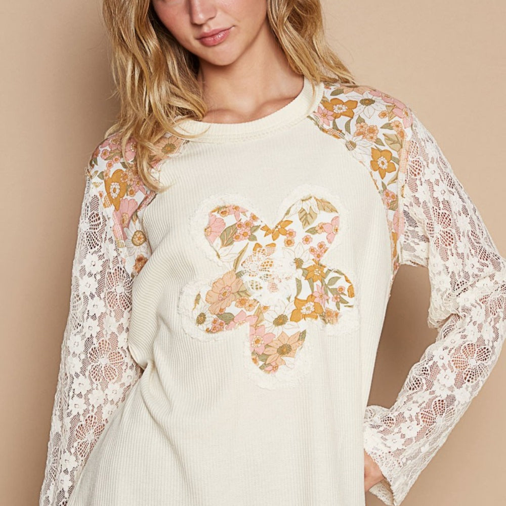 Flower Patch Lace Sleeve Knit Top