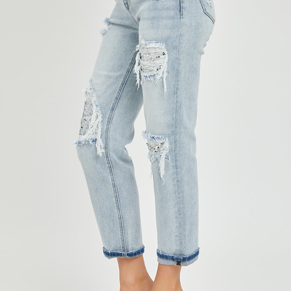 
                      
                        RISEN Mid-Rise Sequin Patched Jeans
                      
                    