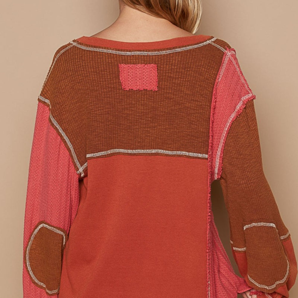 V-Neck Knit Panel Exposed Seam Top