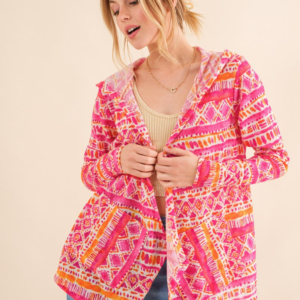 Full Size Printed Thermal Hooded Open Front Cardigan