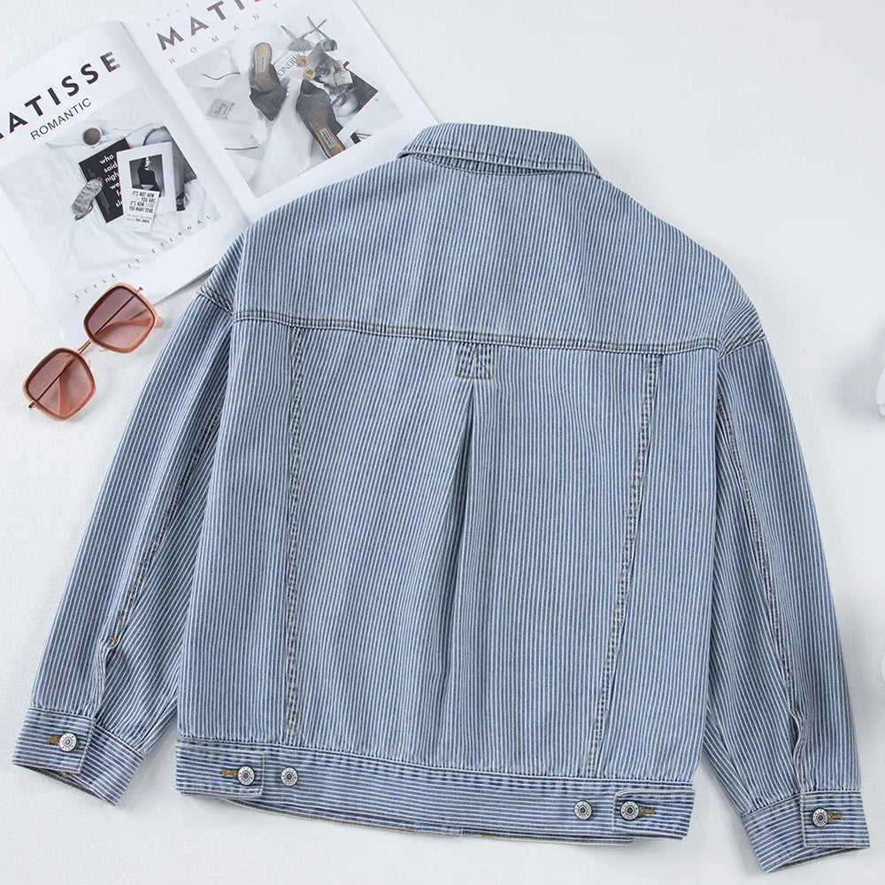 
                      
                        Striped Button Up Long Sleeve Denim Jacket
                      
                    