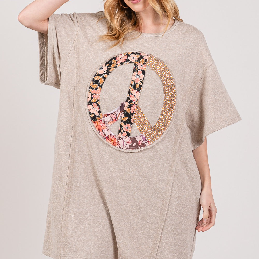 Peace Sign Applique Short Sleeve Tee Dress