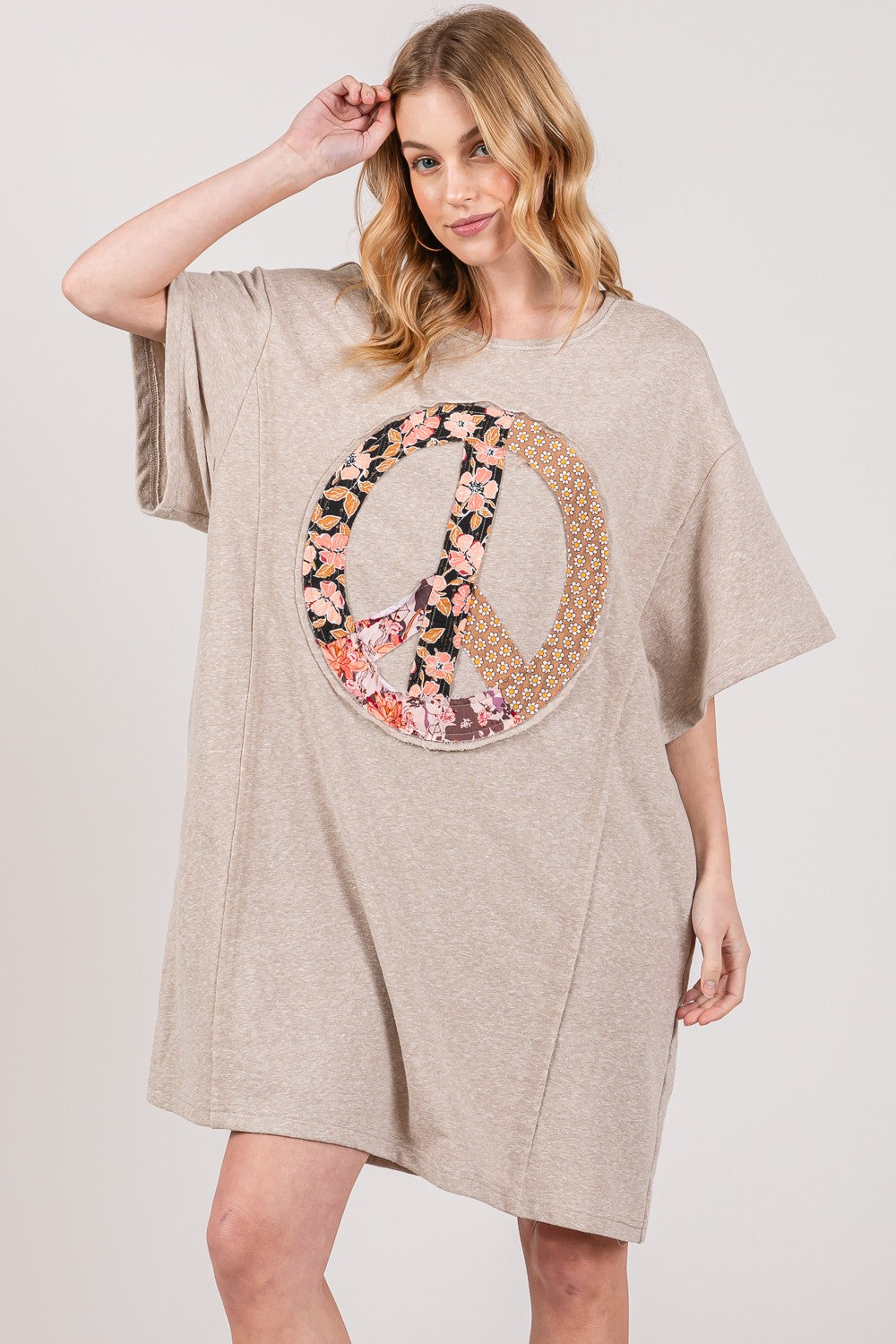 Peace Sign Applique Short Sleeve Tee Dress