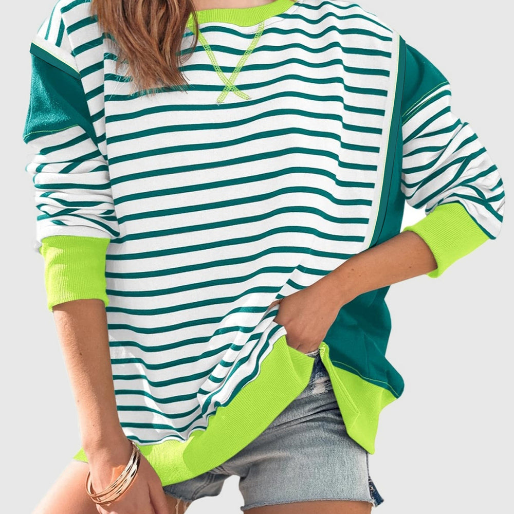 
                      
                        Slit Exposed Seam Striped Long Sleeve Sweatshirt
                      
                    