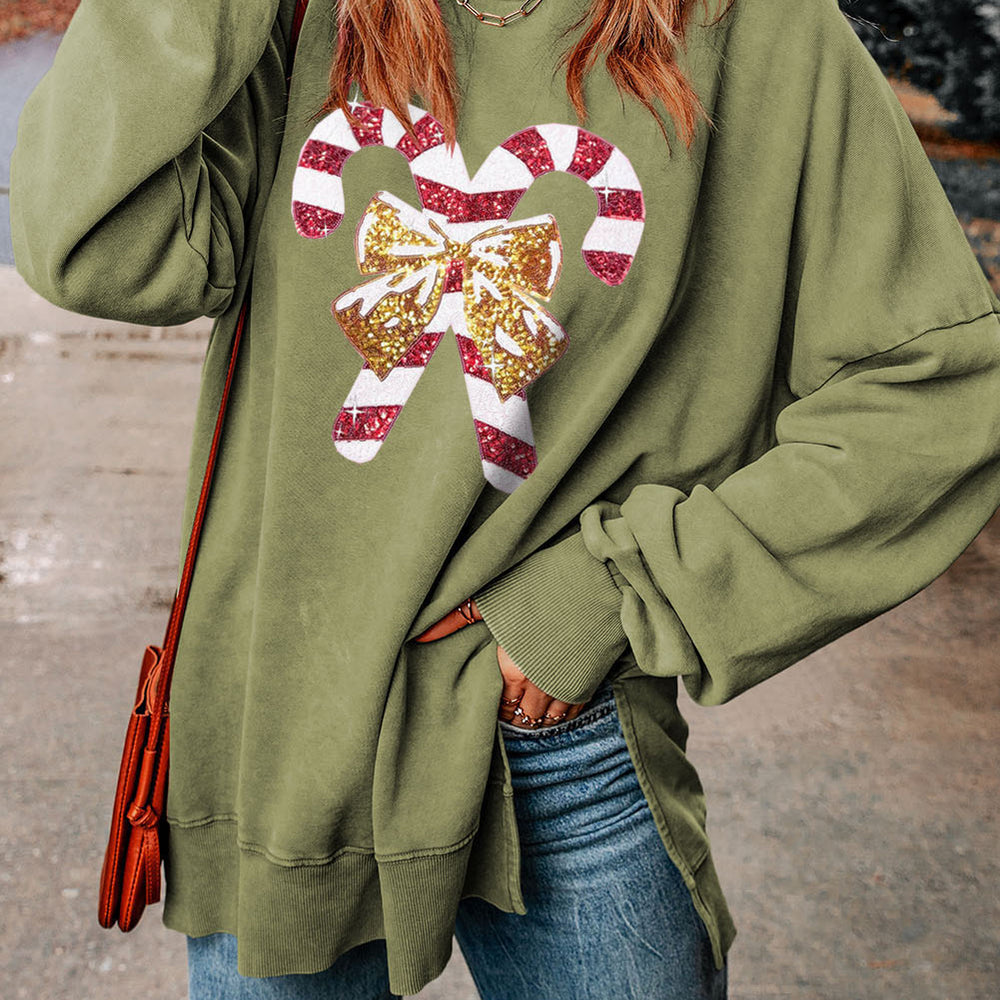 Sequin Candy Cane Round Neck Slit Sweatshirt