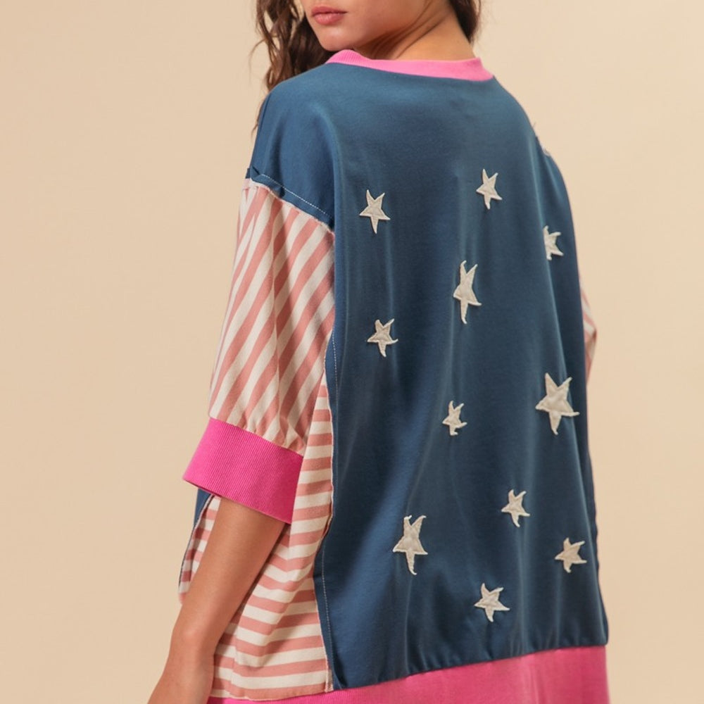 US Flag Theme Color Block Star Patch T-Shirt