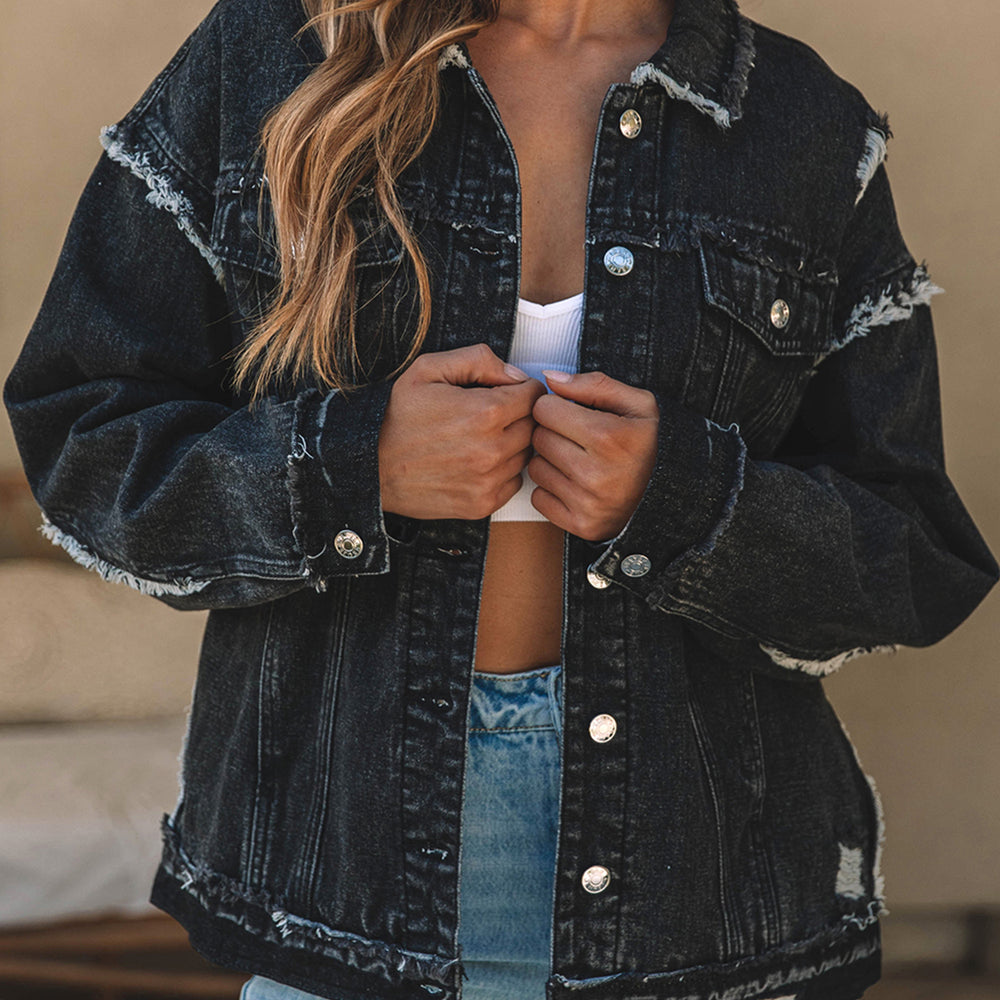 Button Up Raw Hem Distressed Denim Jacket