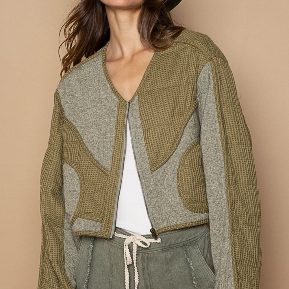 Quilted Knit Viding Detail Knit Patch Jacket