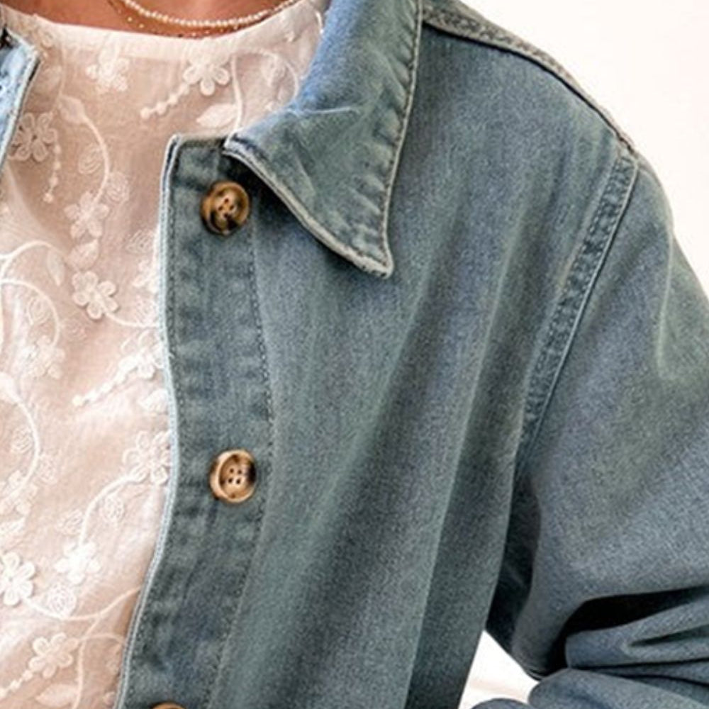 
                      
                        Pocketed Button Up Long Sleeve Denim Jacket
                      
                    