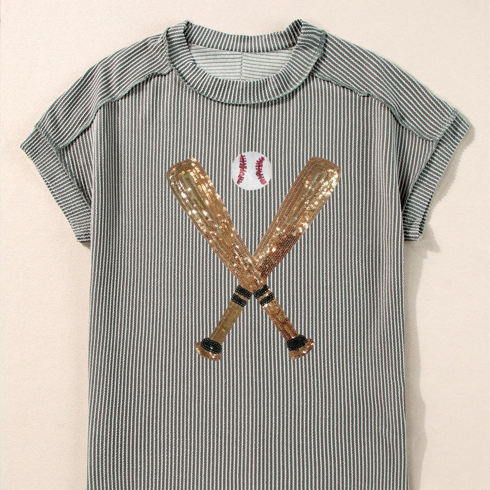 Sequin Baseball Round Neck Short Sleeve T-Shirt