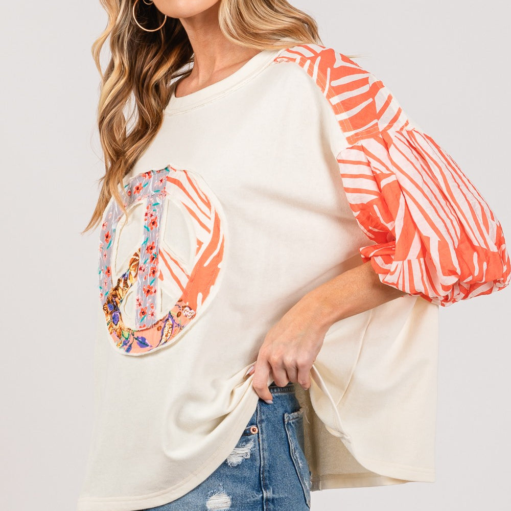 
                      
                        Peace Applique Patch with Zebra Print Contrast Top
                      
                    