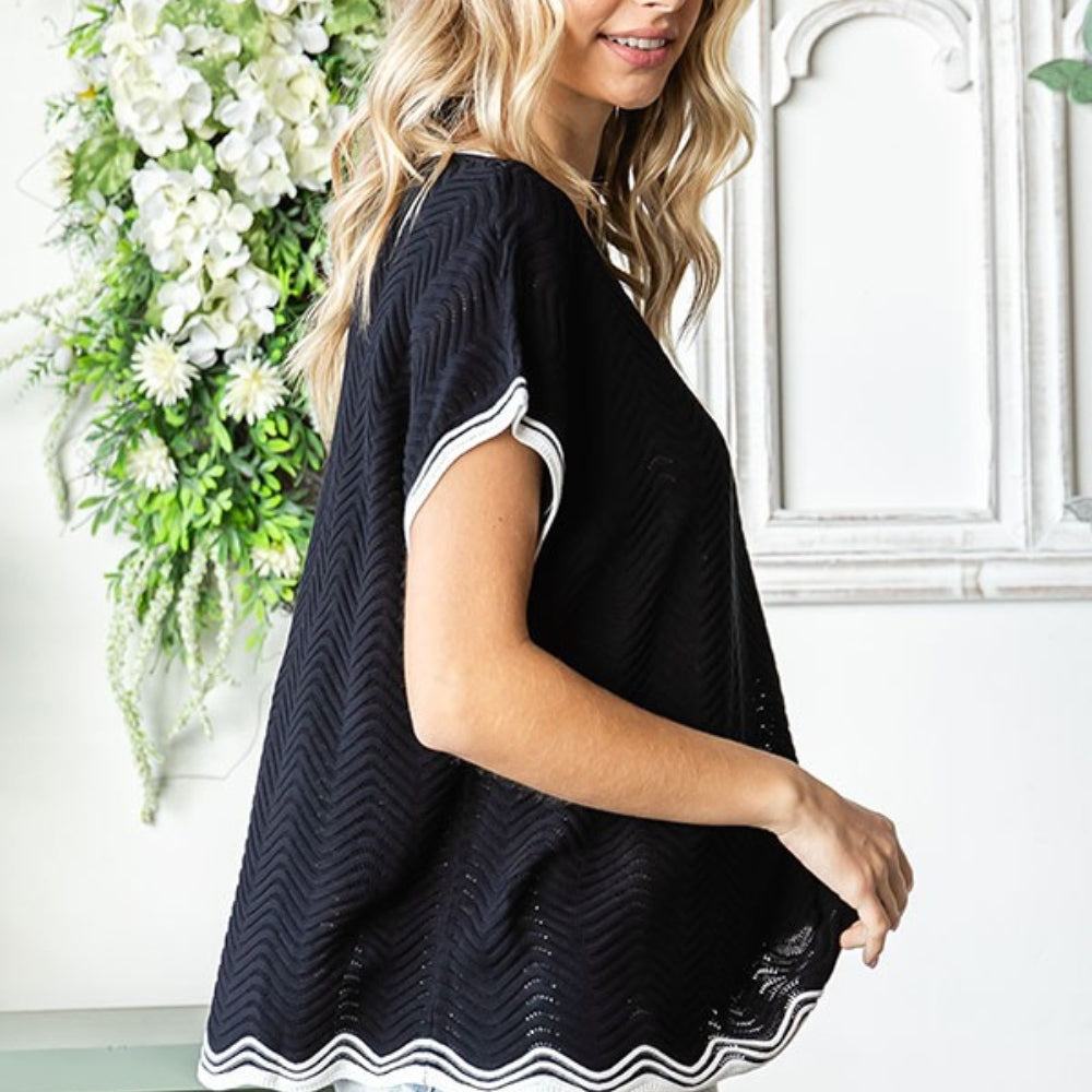 
                      
                        Contrast Wavy Crochet Drop Shoulder Knit Top
                      
                    