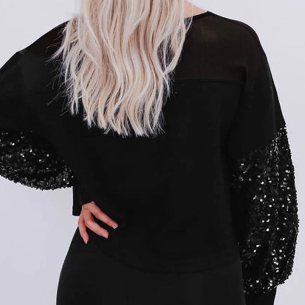 Sequin Boat Neck Long Sleeve Blouse