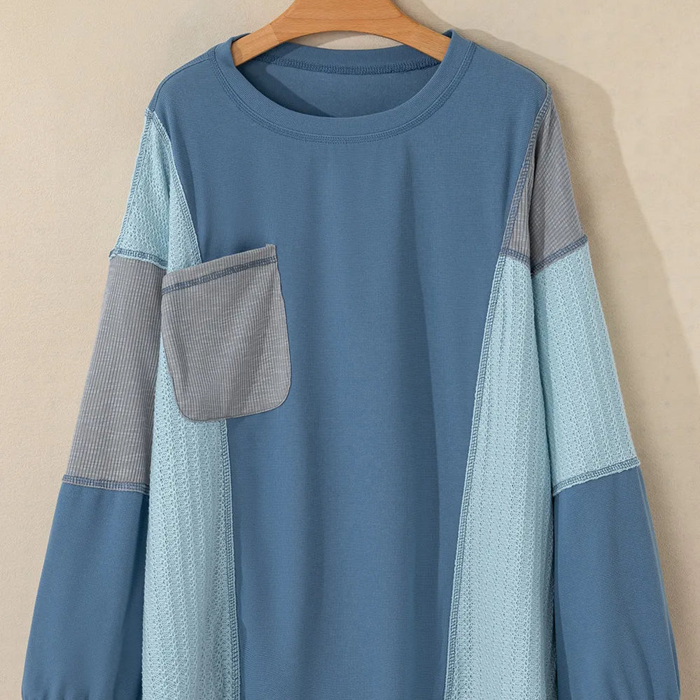 
                      
                        Patchwork Color Block Round Neck Long Sleeve Top
                      
                    