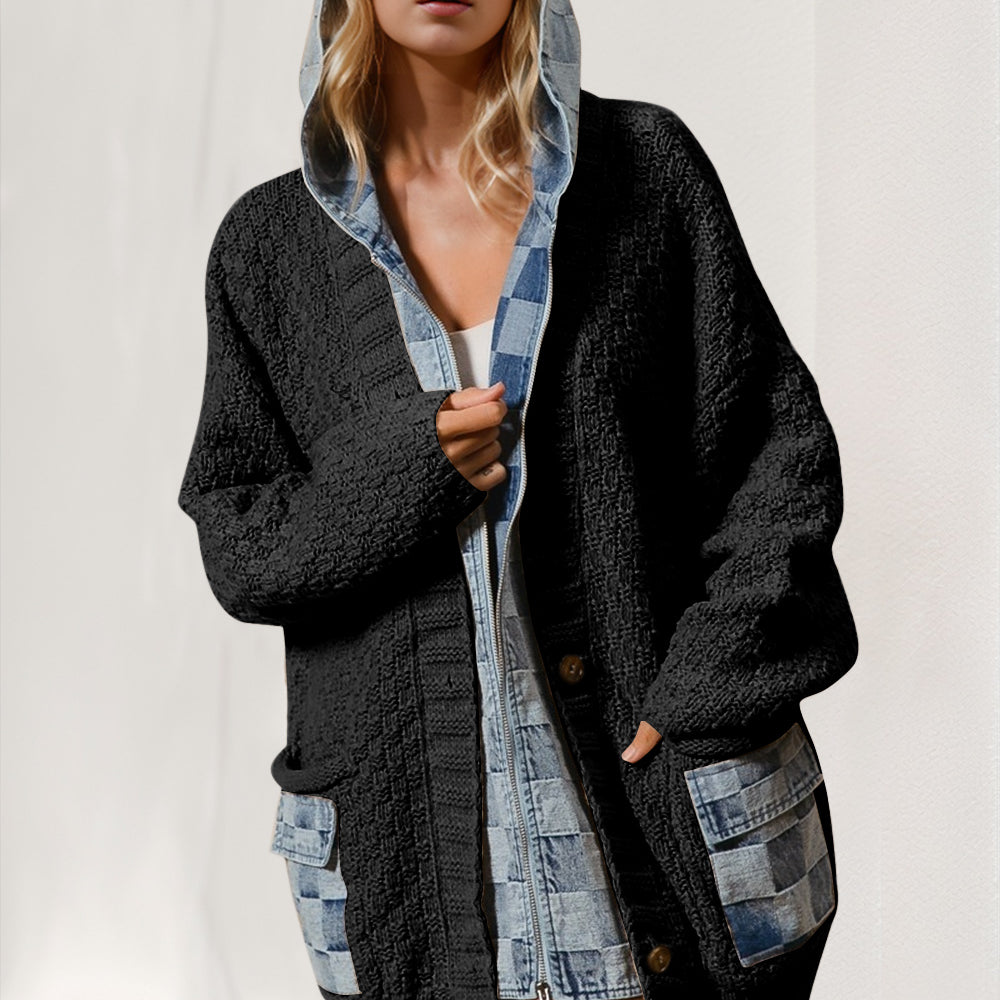 Hooded Denim Spliced Sweater Cardigan