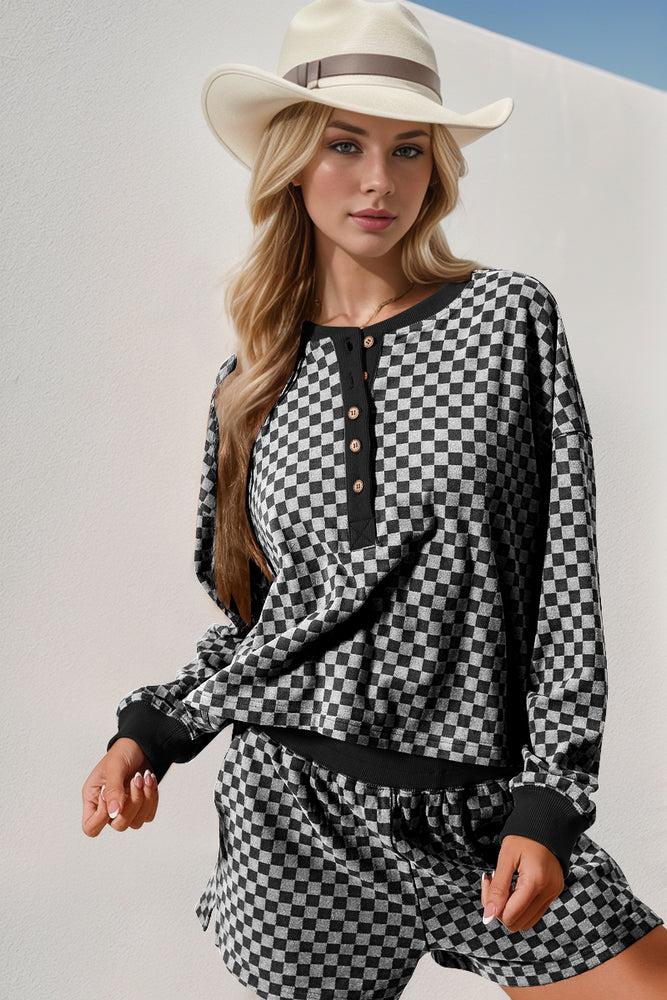 
                      
                        Checkered Half Button Top and Shorts Set
                      
                    