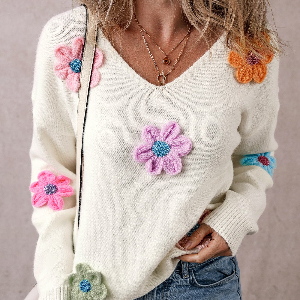 
                      
                        Crochet Flower V-Neck Long Sleeve Sweater
                      
                    