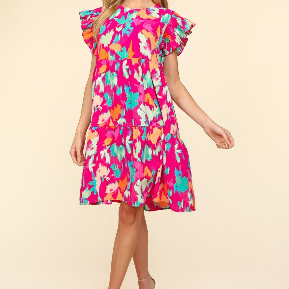 Printed Ruffled Tiered Dress with Side Pockets