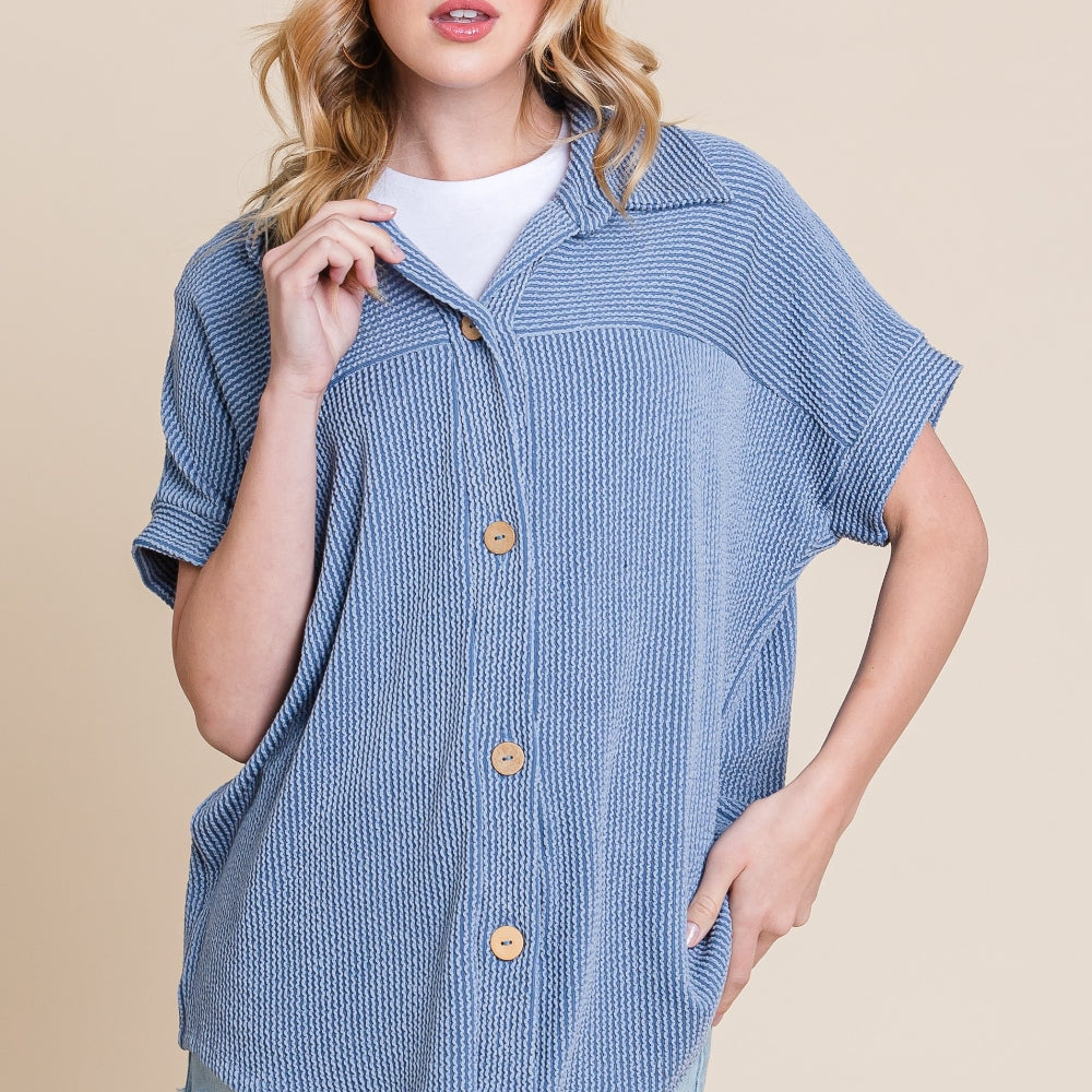 Button Up Short Sleeves Ribbed Shirt