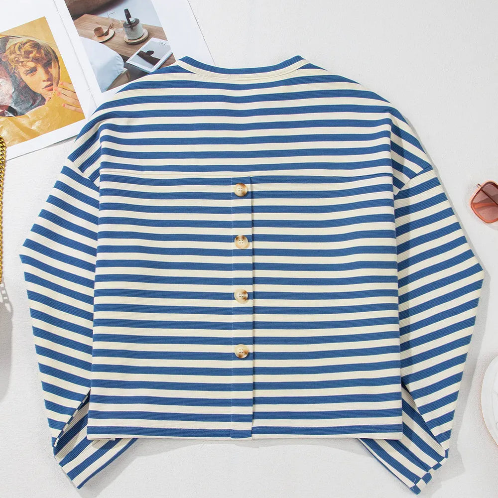 
                      
                        Striped Notched Long Sleeve Top
                      
                    