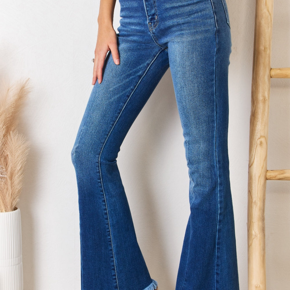 
                      
                        Kancan High Rise Raw Hem Flare Jeans
                      
                    