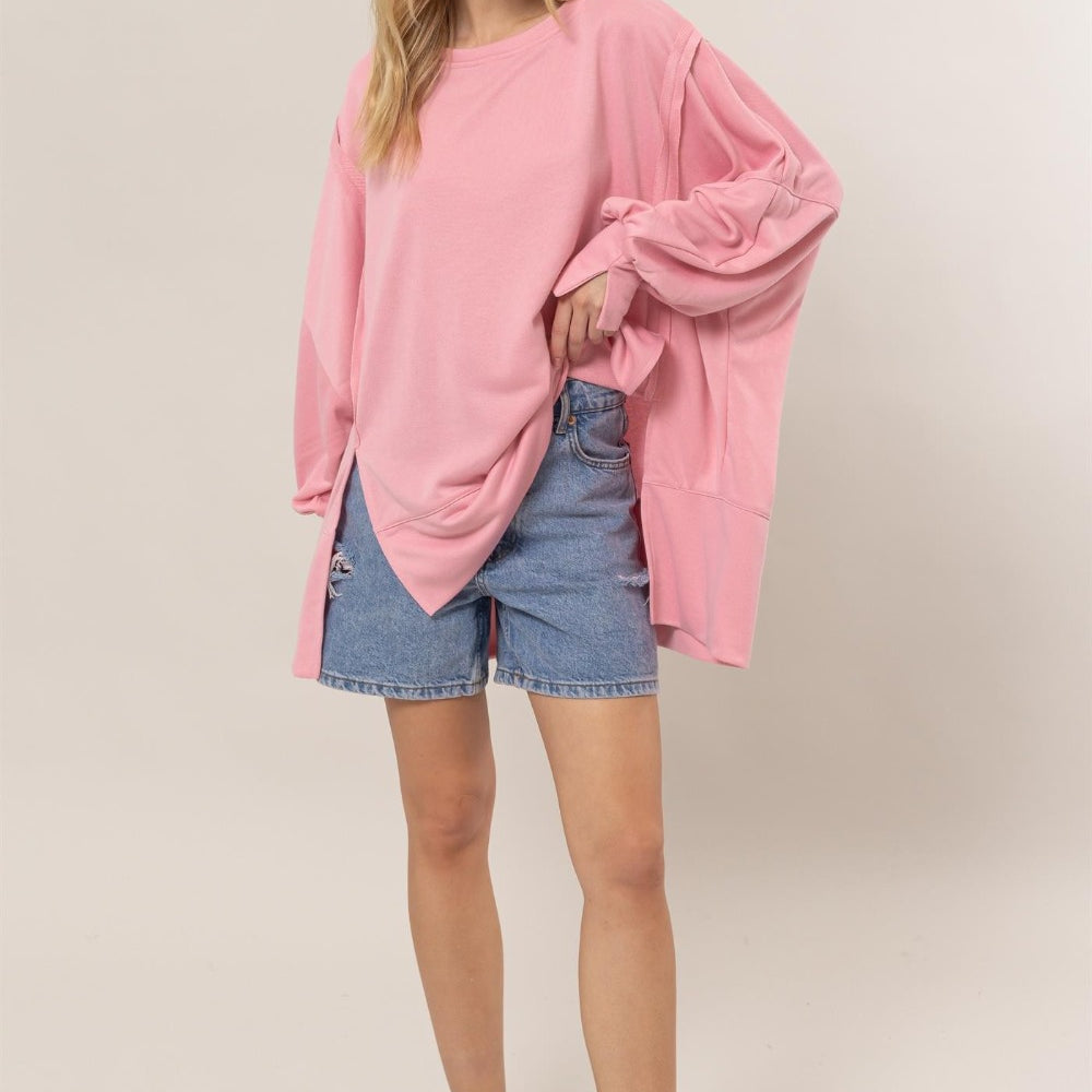 French Terry Long Sleeve High-Low Slit Sweatshirt