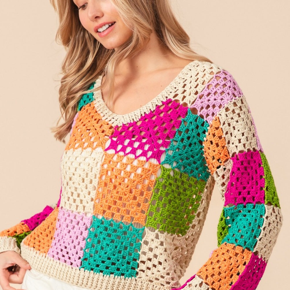 
                      
                        Multi Color Checkered Long Sleeve Knit Top
                      
                    