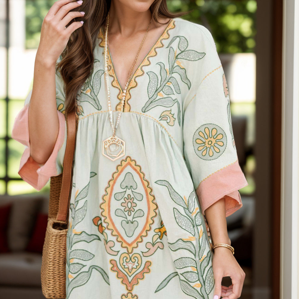 
                      
                        Printed V-Neck Three-Quarter Sleeve Mini Dress
                      
                    