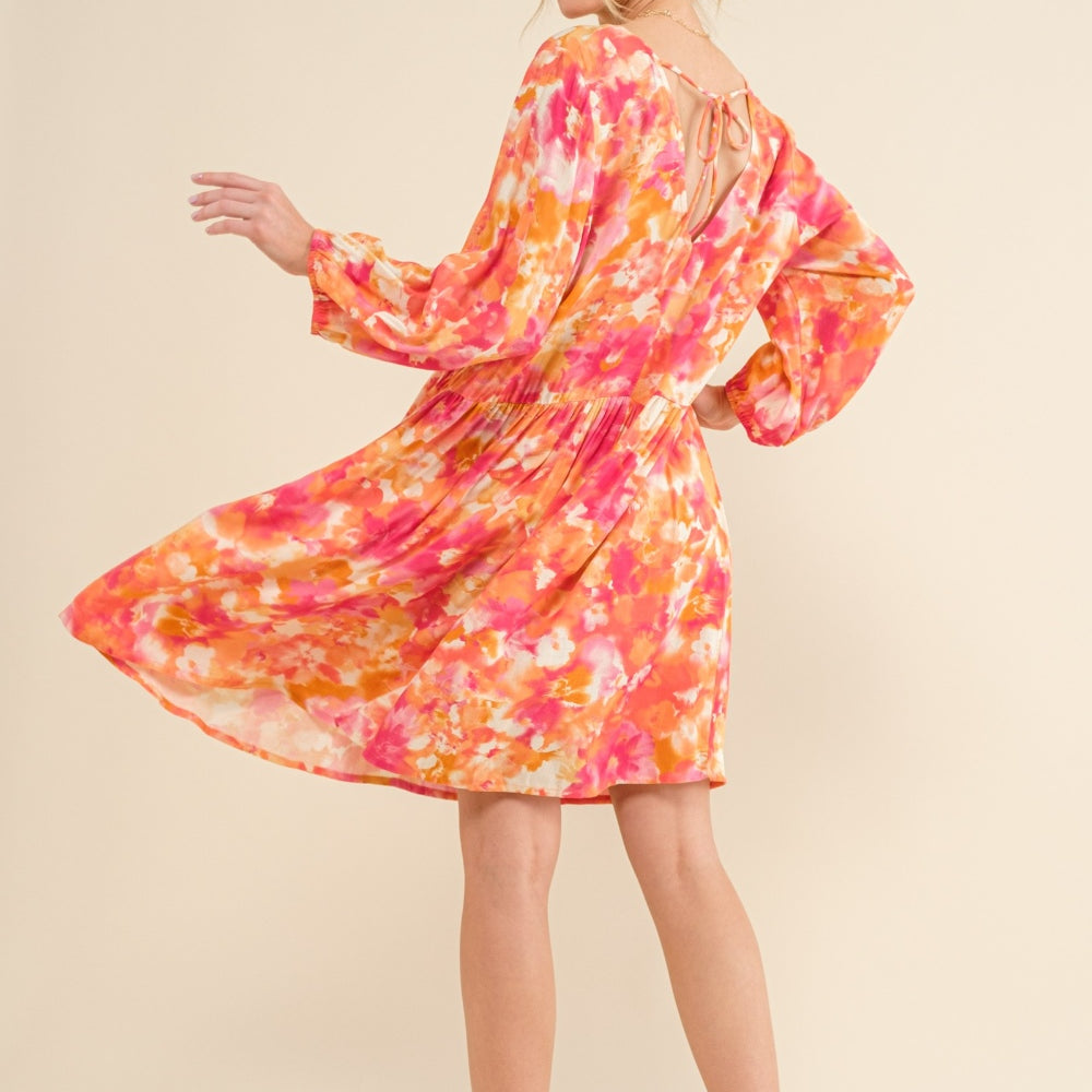 Printed Tie Back Long Sleeve Dress