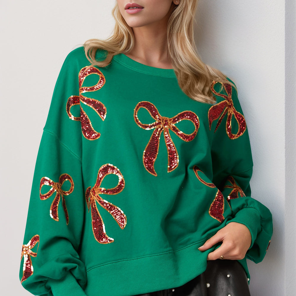 Christmas Bow Sequin Round Neck Dropped Shoulder Sweatshirt