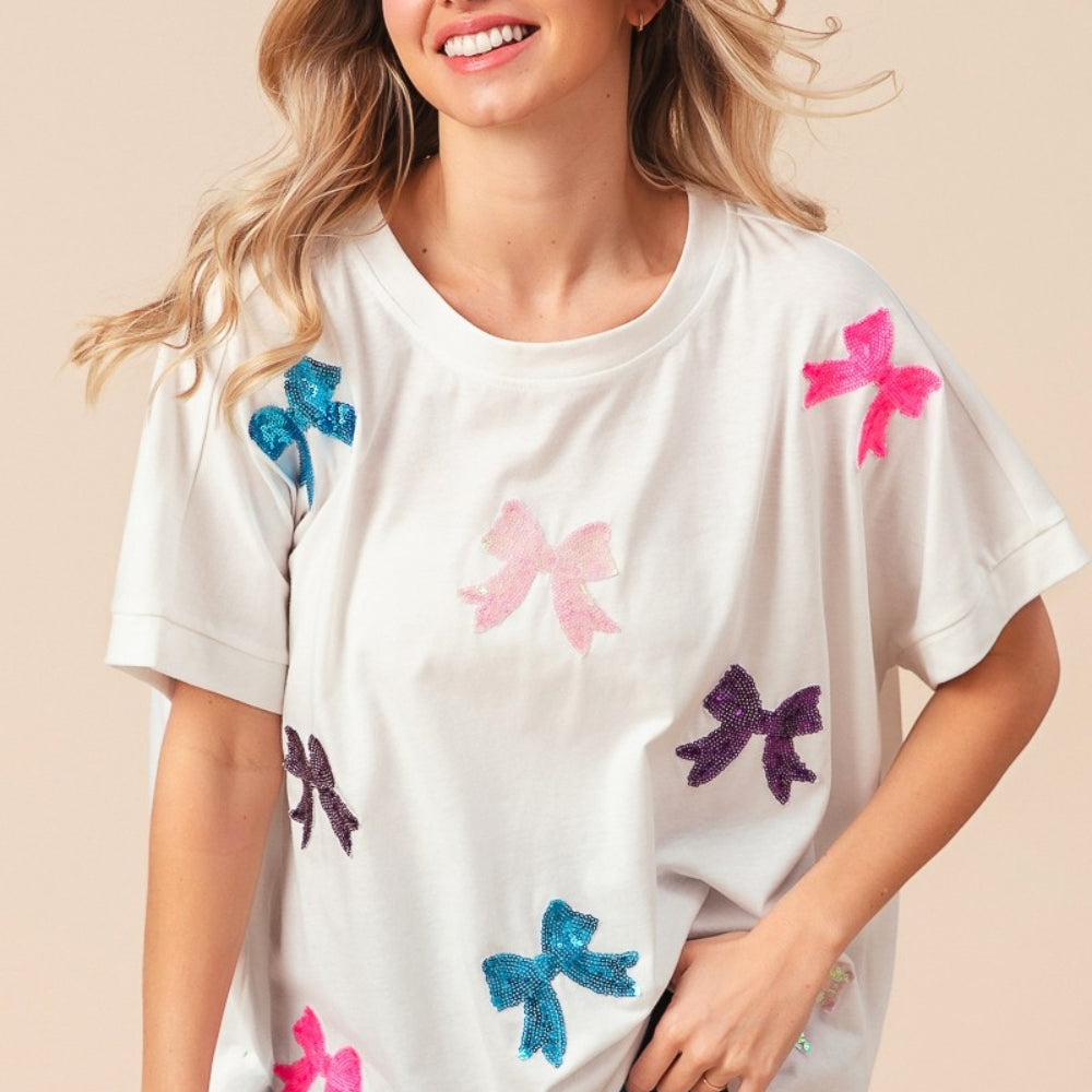 Sequin Bow Patch Short Sleeve T-Shirt