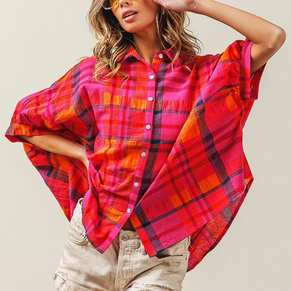 
                      
                        Button Up Dolman Sleeve Plaid Shirt
                      
                    