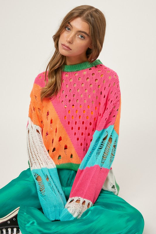 Caroline Distressed Color Block Sweater