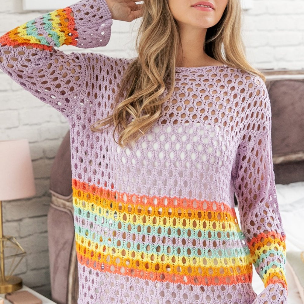 Rainbow Stripe Hollow Out Cover Up