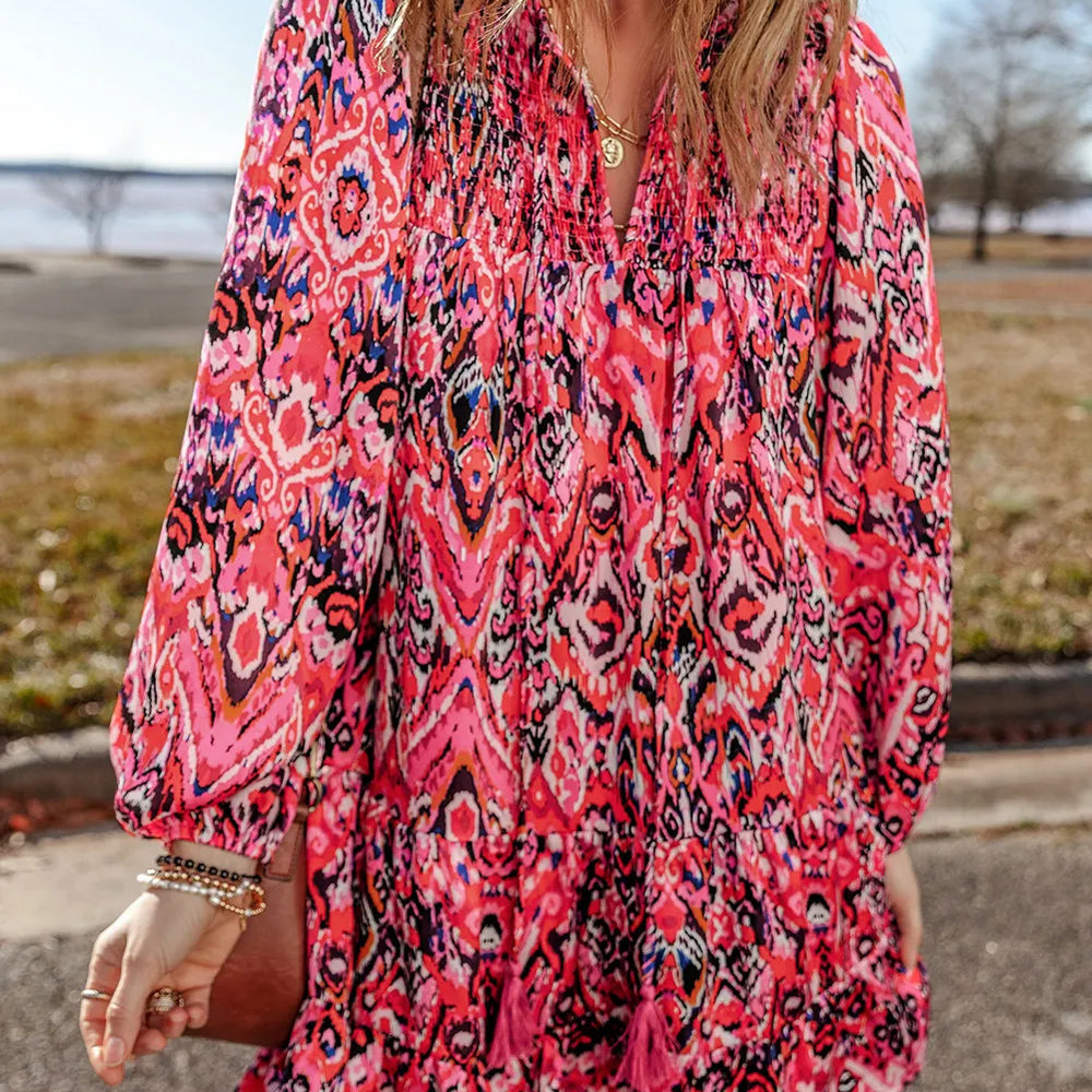 Tassel Printed Tie Neck Long Sleeve Dress