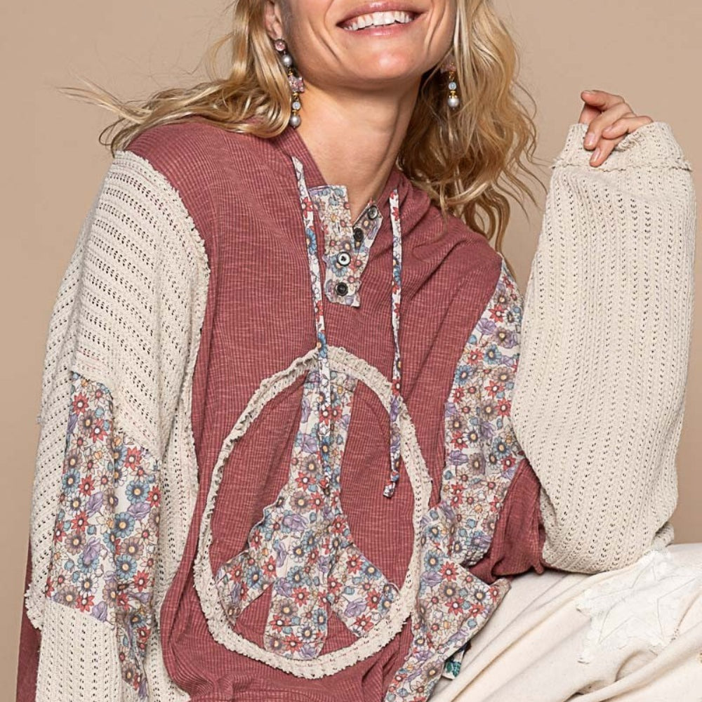 Long Sleeve Floral Peace Patch Ribbed Hoodie