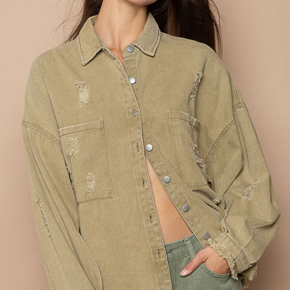 Button Down Raw Hem Distressed Shacket