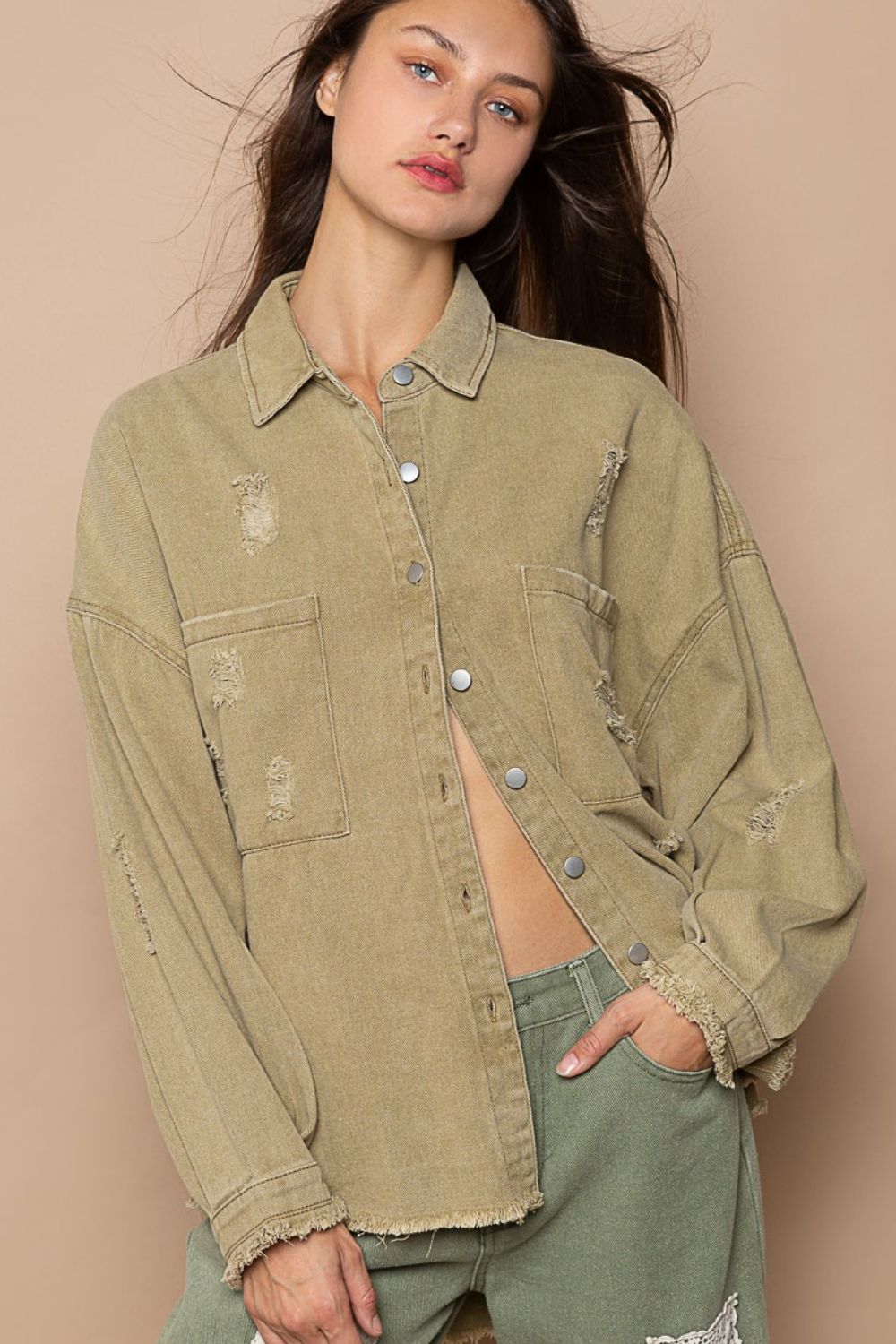 Button Down Raw Hem Distressed Shacket